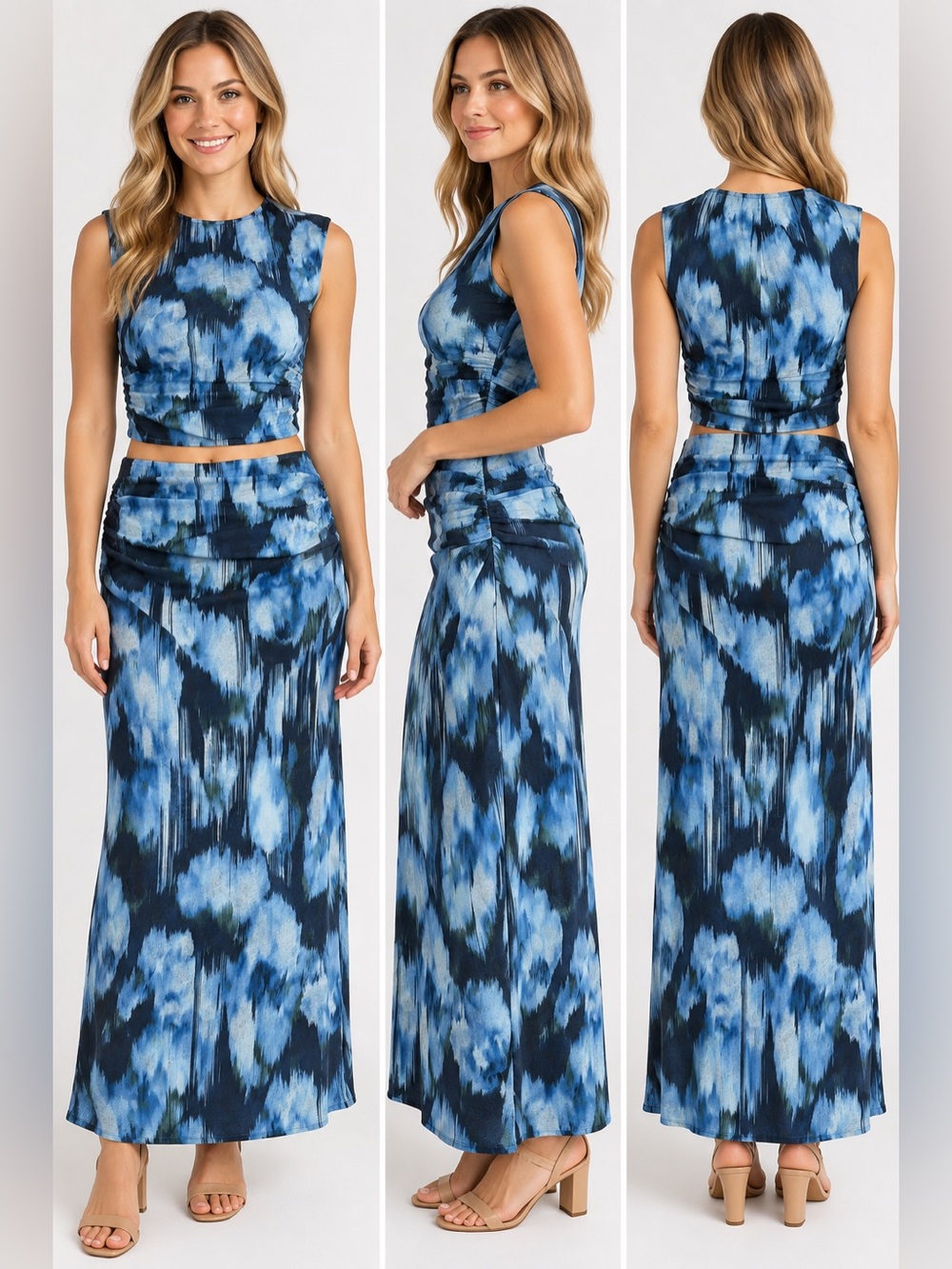 Abercrombie & Fitch 2 Piece Set Women S Blue Abstract Crop Top Maxi Skirt NWT